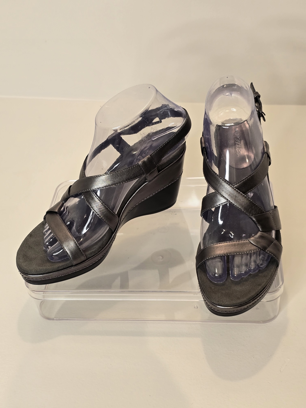 AEROSOLES Metallic Charcoal Crisscross Wedge Sandals Sz 6.5